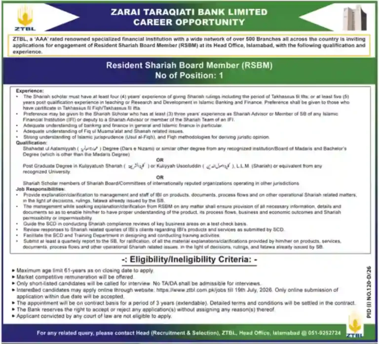 ZTBL Jobs 2026 Apply Online for Resident Shariah Board Member (RSBM) Vacancy
