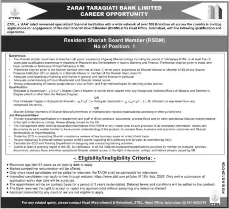 ZTBL Resident Shariah Board Member Jobs 2026 | Apply Online for RSBM Vacancy