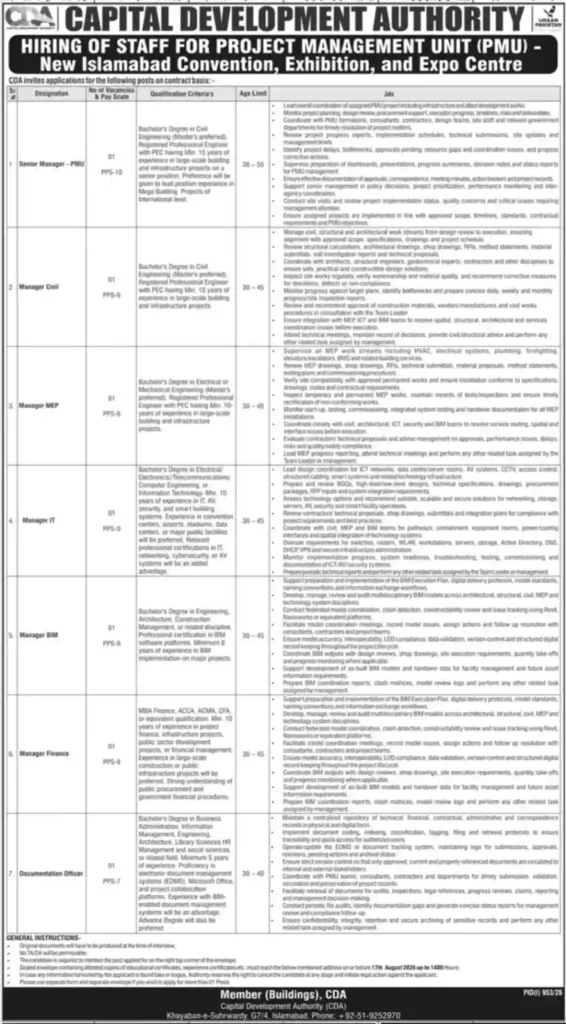 Capital Development Authority CDA New Jobs 2026 – PMU Project Management Unit Vacancies