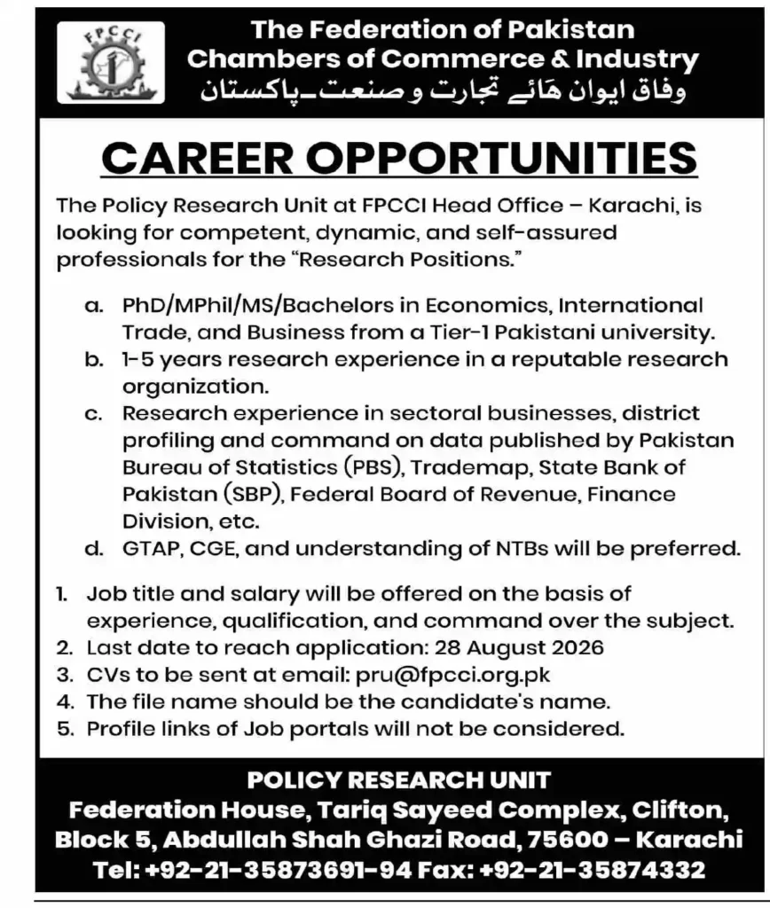 FPCCI Jobs 2026 – Policy Research Unit Career Opportunities in Karachi