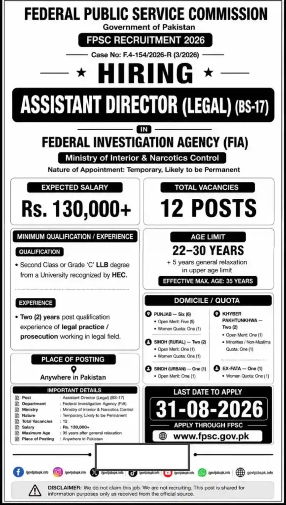 FPSC Assistant Director Legal Jobs 2026