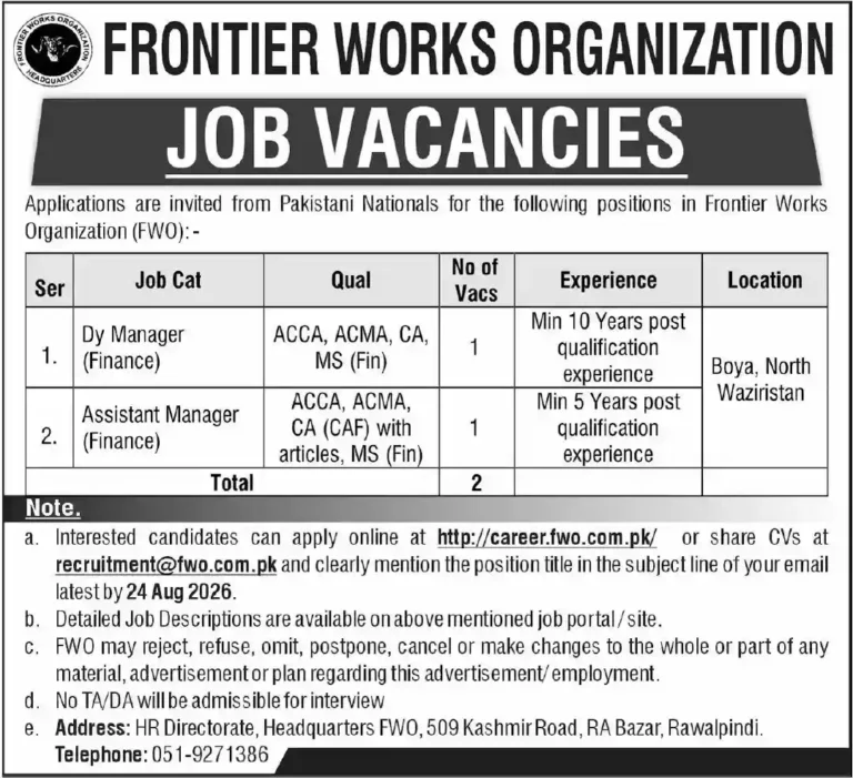 Frontier Works Organization FWO Jobs 2026 – Apply Online for North Waziristan