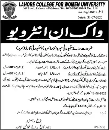 LCWU Lahore Jobs 2026 – Apply Before 18 August