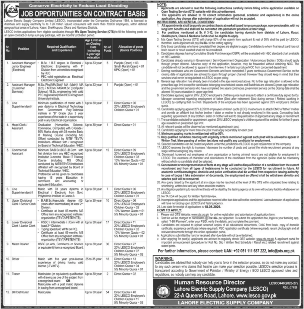 LESCO Jobs 2026 – Apply Online for Lahore Electric Supply Company Vacancies in Punjab