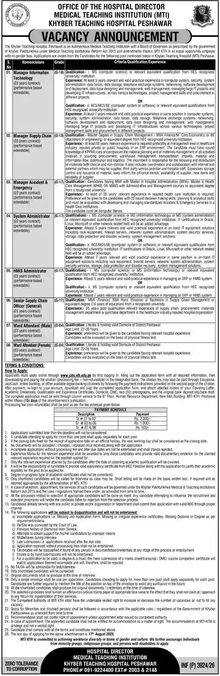 MTI Khyber Teaching Hospital Jobs 2026 Online Apply, Eligibility, Last Date & Latest Vacancies