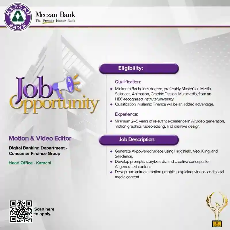 Meezan Bank Careers 2026 Motion & Video Editor Job Vacancy