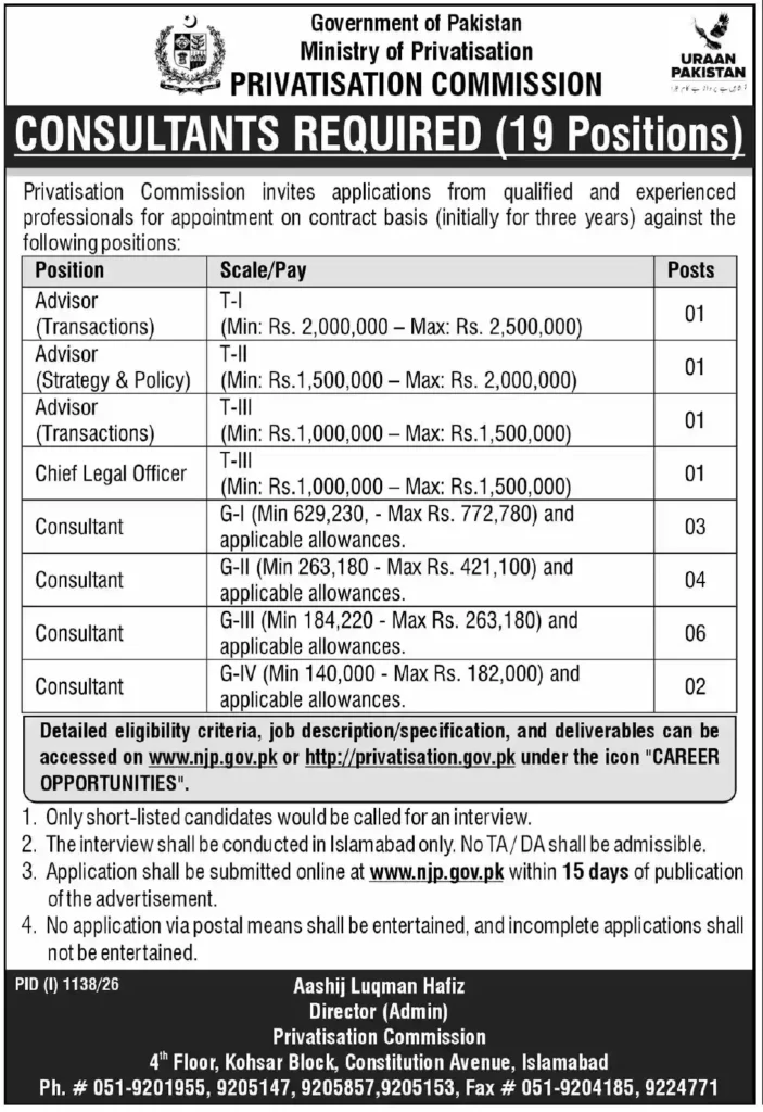 Ministry Of Privatisation Islamabad Jobs 2026