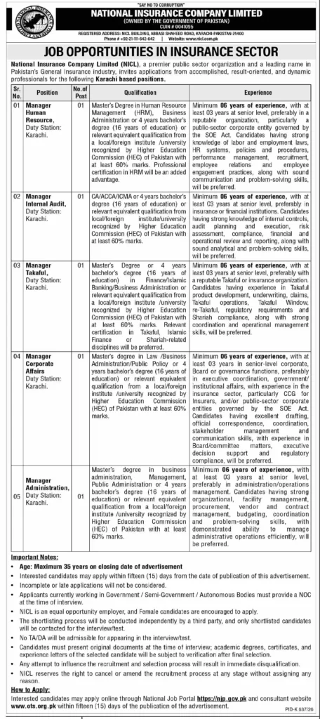 NICL Jobs 2026 Karachi