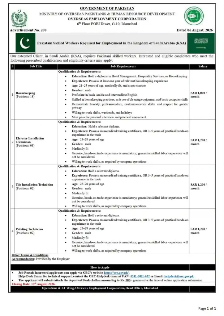 OEC Jobs 2026 – Apply Online for Technical & Housekeeping Vacancies