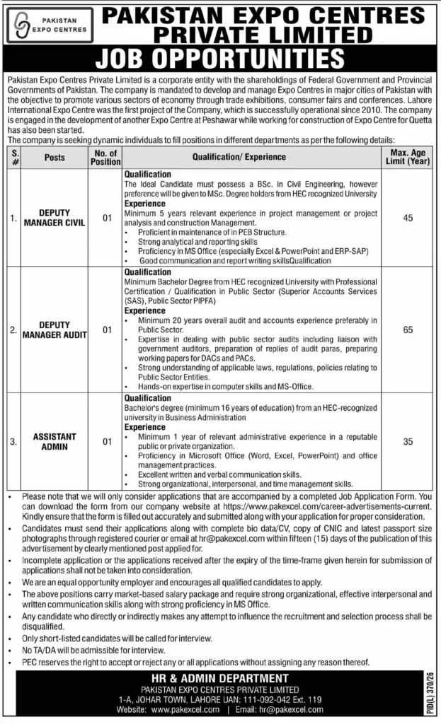 Pakistan Expo Centres Jobs 2026 Online Apply, Eligibility, Last Date & Latest Vacancies