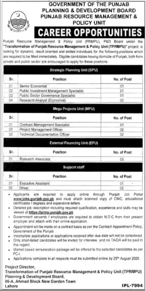 Punjab Resource Management & Policy Unit PRMPU Jobs 2026 – Latest Government Career Opportunities in Punjab