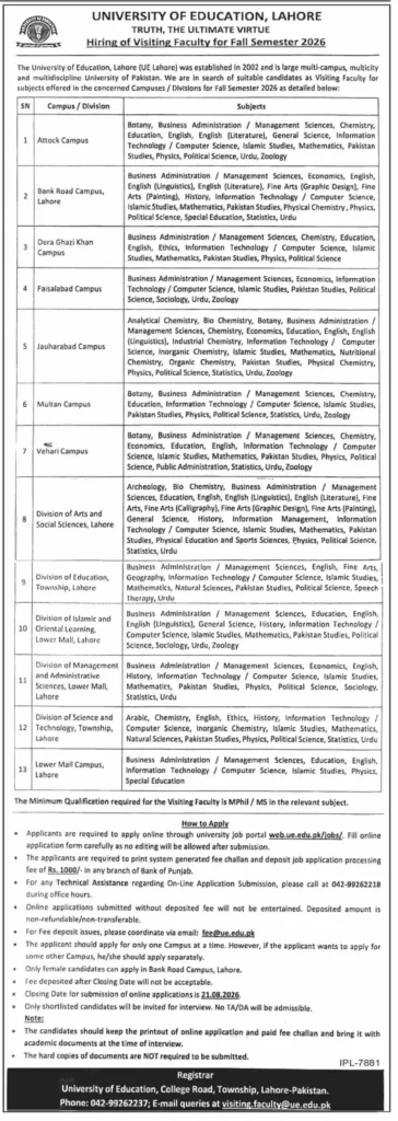 University of Education Lahore Jobs 2026 – Apply Online