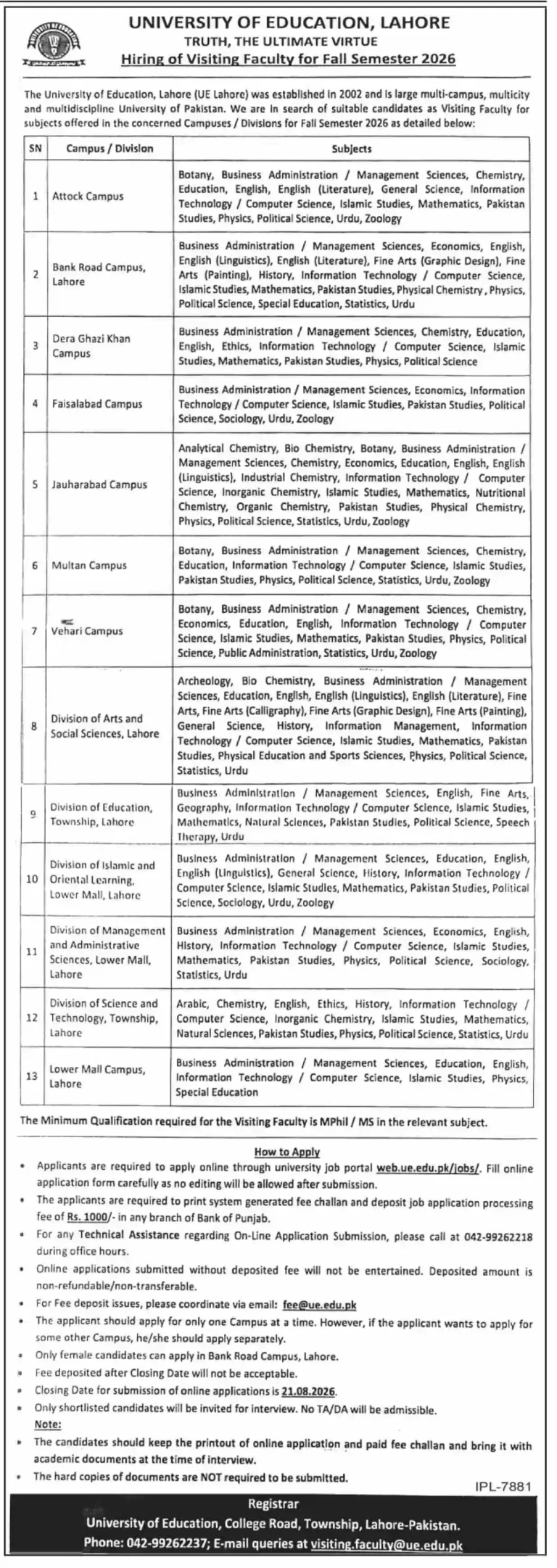 University of Education Lahore Jobs 2026 – Apply Online