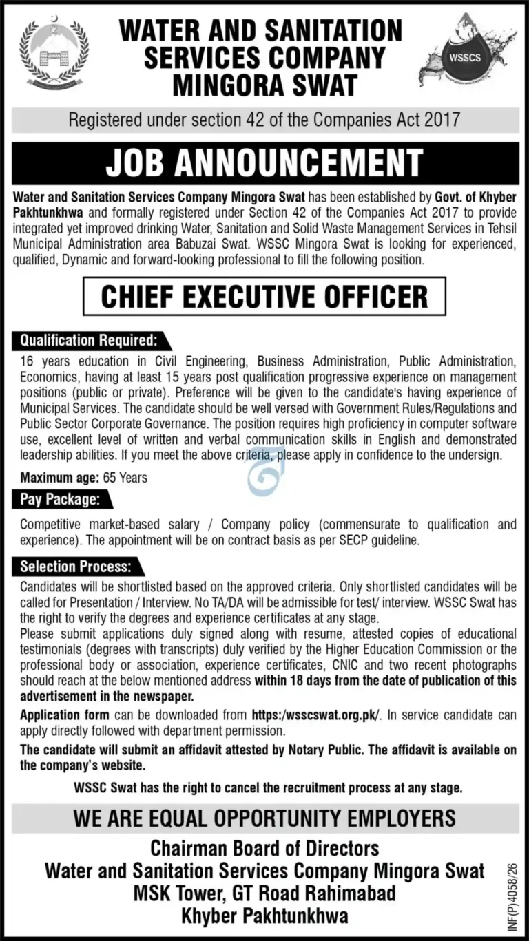 Water and Sanitation Services Company WSSC Swat Jobs 2026 – Chief Executive Officer (CEO)