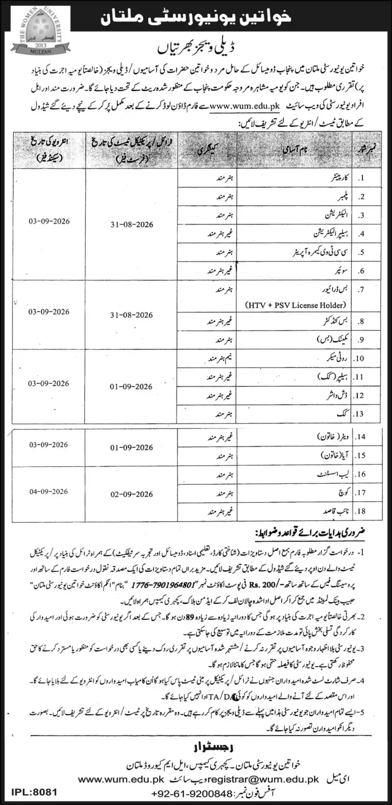 Women University Multan WUM Jobs 2026 Applications Process