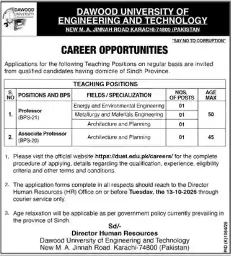 Dawood University of Engineering and Technology Jobs 2026
