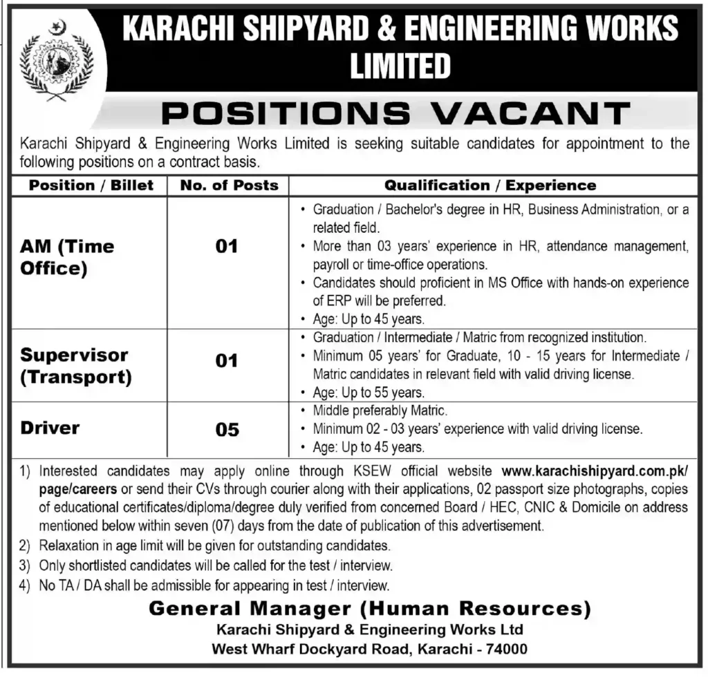 Karachi Shipyard & Engineering Works Jobs 2026