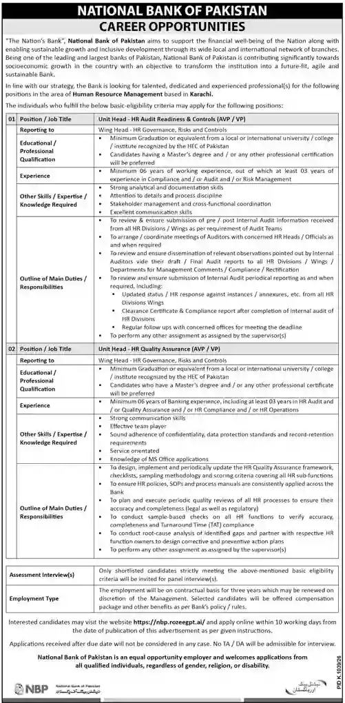 National Bank of Pakistan Career Opportunities 2026