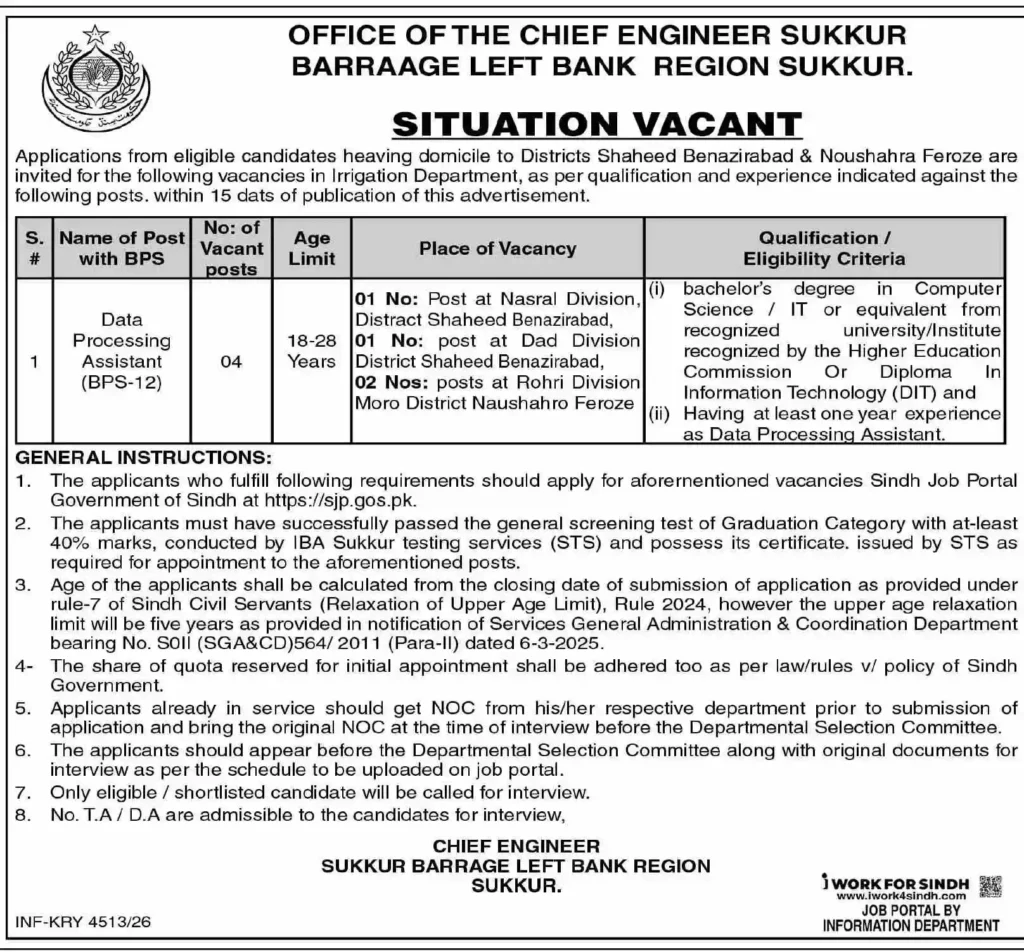 Sukkur Barrage Left Bank Region Jobs 2026 Apply Online